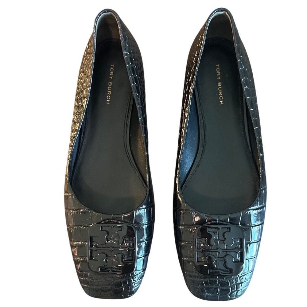 Tory Burch Georgia Croc Patent Leather Square Toe Ballet Flats Black 8